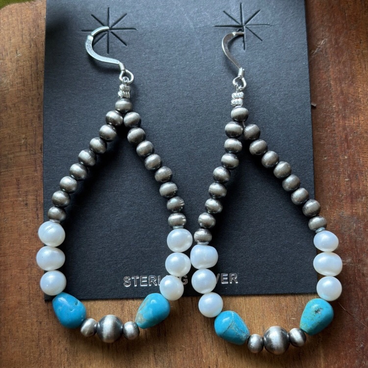 Sterling Silver Freshwater Pearl Turquoise Pearls Bead Loop Hoop Earrings